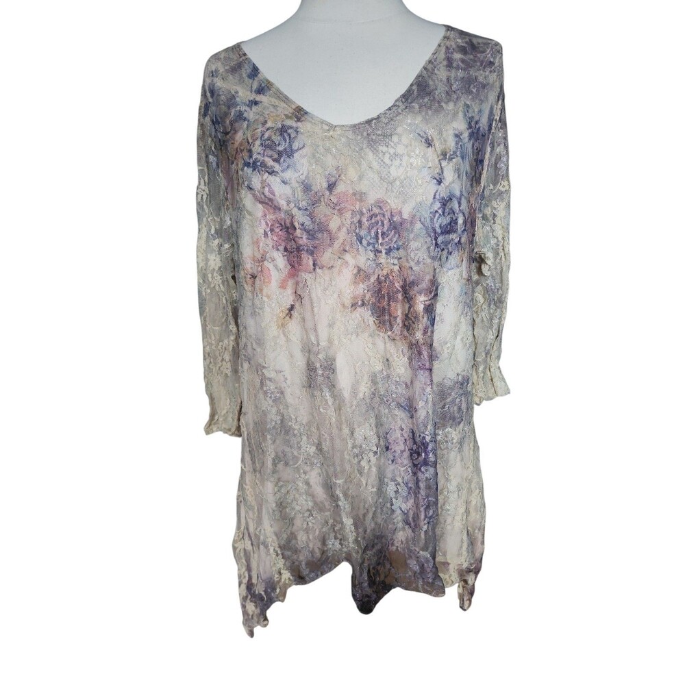 Brittany Black Vintage Y2K Lace Blouse Womens 2X Multicolor Floral Asymmetrical